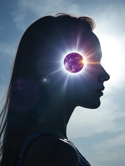 Double Exposure Portrait of a stunning woman,age 20, blending their silhouette with a dramatic solar eclipse scene. Within the silhouette, reveal the glowing corona and intense flares in silver and violet, conveying a sense of cosmic alignment