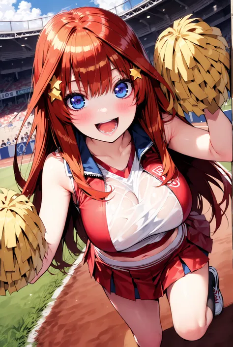score_9, score_8_up, score_7_up, source_anime, Nakano Mizuki , long hair, blue eyes, hair ornament, red hair, star (  symbol ),star hair ornament,smile,cover,opens her mouth,Big Breasts,(Cheerleading), (full body),  on chest, (while riding), while riding W...