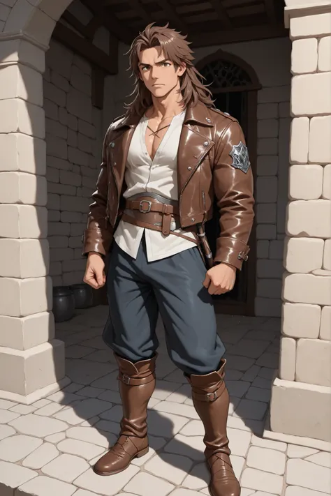 *Dantte Navir* (man)  27 year old young man, with a muscular and athletic build, wide shoulders and an impressive presence. Your skin is tanned, light tone, , evidencing his training on the battlefield, and her dark brown frizzy hair long up to the chin an...