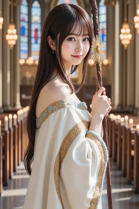 haruka, huge breast, A highly detailed, ultra-realistic digital illustration of a beautiful young Asian female priest standing with quiet grace inside a grand, candlelit cathedral inspired by classic fantasy RPGs. She is captured in a medium close-up shot,...