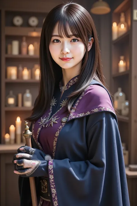 sakura, huge breast, A highly detailed, ultra-realistic digital illustration of a beautiful young Asian female mage standing confidently in the dim interior of a mysterious witch’s house nestled deep within a shadowy forest, inspired by classic fantasy RPG...