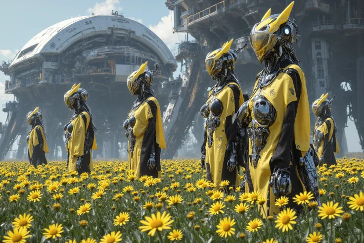 several cute androids (swh, age 20, bot joints, backlit eyes, bee themed sexy space suits), they are tending fields of flowers along with small robot bees. In the distance large construction mecha  build a domed city for human colonists