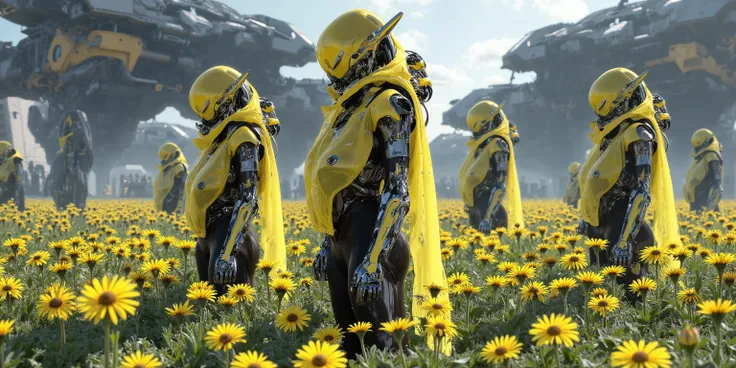 several cute androids (swh, age 20, bot joints, backlit eyes, bee themed sexy space suits), they are tending fields of flowers along with small robot bees. In the distance large construction mecha  build a domed city for human colonists