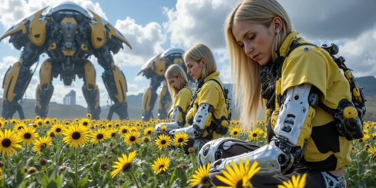 several cute androids (swh, age 20, bot joints, backlit eyes, bee themed sexy space suits), they are tending fields of flowers along with small robot bees. In the distance large construction mecha  build a domed city for human colonists