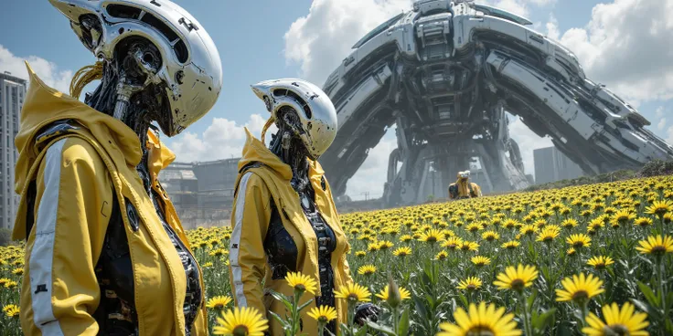 several cute androids (swh, age 20, bot joints, backlit eyes, bee themed sexy space suits), they are tending fields of flowers along with small robot bees. In the distance large construction mecha  build a domed city for human colonists