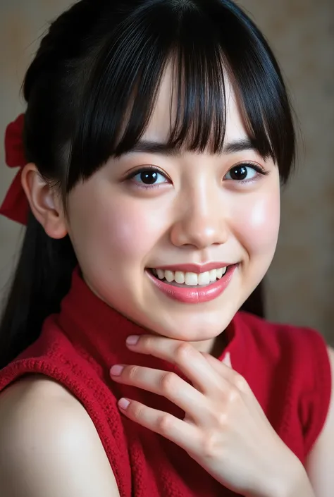 high resolution portrait photo、with a realistic and happy expression, Japanese woman hiding behind her arm,  masterpiece, Perfect quality to hide my collarbone, intricate details being spied on, professional lighting, alone, 1 girl, Worn,  full body,   bla...