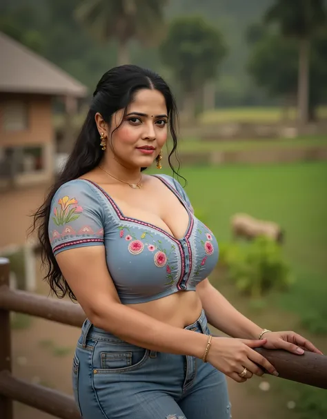 An indian 30 year girl, with big breasts,, fully visible cleavage,standing near a farm wearing embroidered blouse,wearing denim pant,visible navel,.front view