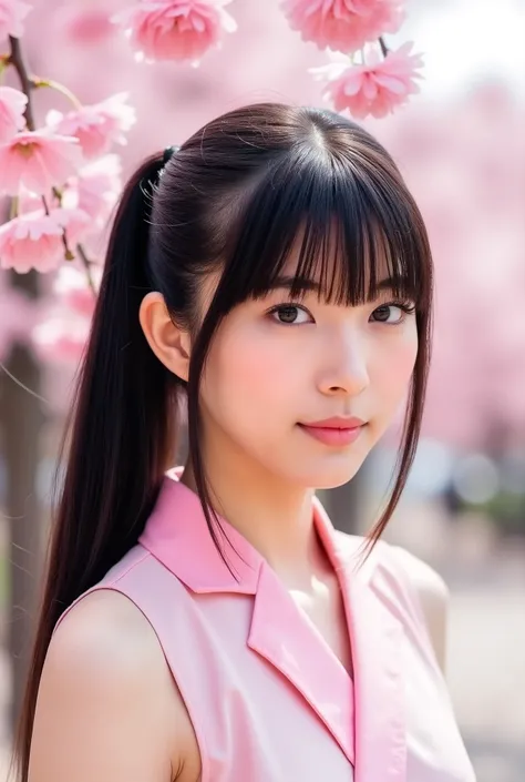 Create a photo collection featuring a Japanese idol girl with fair skin. She has long, straight black hair styled in a ponytail with bangs. Dress her in cute, feminine clothing while she enjoys hanami (cherry blossom viewing) at a famous sakura spot. The s...