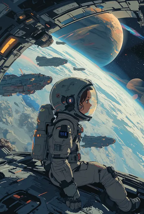 (Masterpiece,Highest quality,32k,Ultra-high resolution),lots of spaceship goes towards new earth in bg, 1 girl astronaut in space ship,ultra detailed,chromatic abbration, iridescent colors, aurora