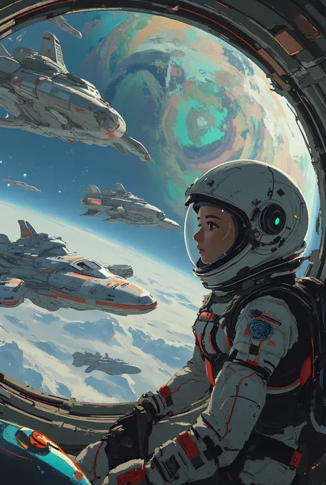 (Masterpiece,Highest quality,32k,Ultra-high resolution),lots of spaceship goes towards new earth in bg, 1 girl astronaut in space ship,ultra detailed,chromatic abbration, iridescent colors, aurora