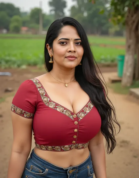 An indian 30 year girl, with big breasts,, fully visible cleavage,standing near a farm wearing embroidered blouse,wearing denim pant,visible navel,.front view