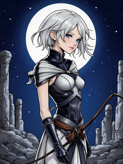 Line art, A girl with short hair windswept style, she is wearing an archer outfit made of leather, lithe body, medieval fantasy theme, on the background there are some ancient elvenish ruins, night time, moon shine, silver rays of moonshine