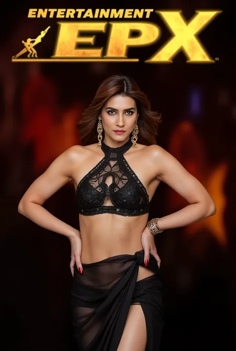 A 8k resolution provocative EntertainmentProX cover showcasing a waist shot of an Indian model in a sheer black saree, paired with a backless halter blouse adorned with intricate lace details. Her saree drape teases with its transparency, accentuating her ...