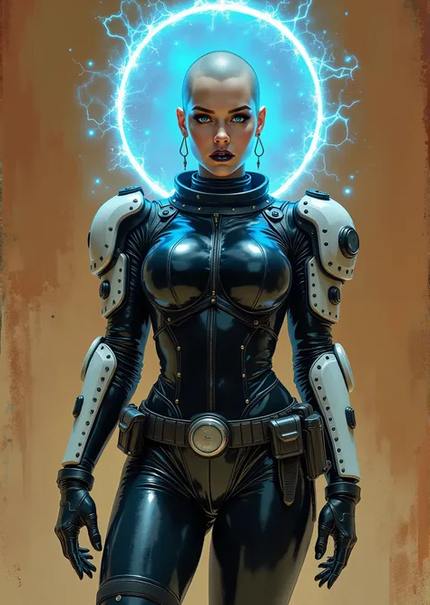 An extremely detailed comic book illustration depicting an extremely curvaceous stunningly beautiful retro science fiction stealth infiltration agent portrayed by a young Katy Perry nineteen years old with pale skin a shaved head and stunning blue eyes wea...