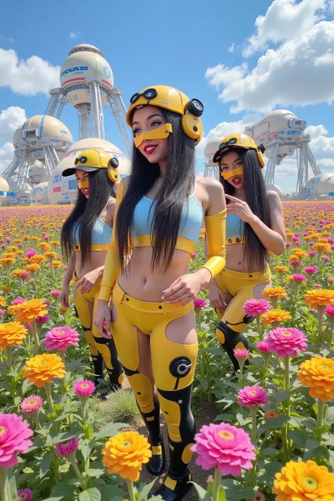 several cute androids (swh, age 20, robot joints, backlit eyes, bee themed sexy space suits, breasts covered), they are tending fields of flowers along with small robot bees. In the distance large construction mecha build a domed city for human colonists
