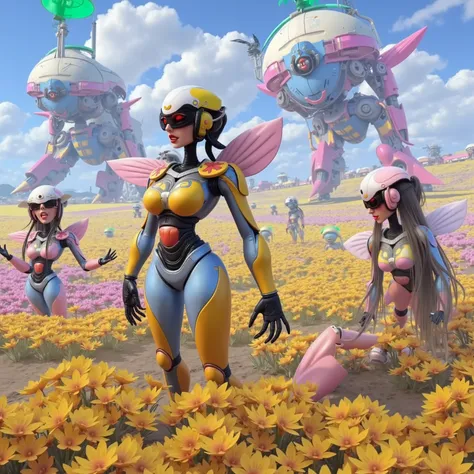 several cute androids (swh, age 20, robot joints, backlit eyes, bee themed sexy space suits, breasts covered), they are tending fields of flowers along with small robot bees. In the distance large construction mecha build a domed city for human colonists