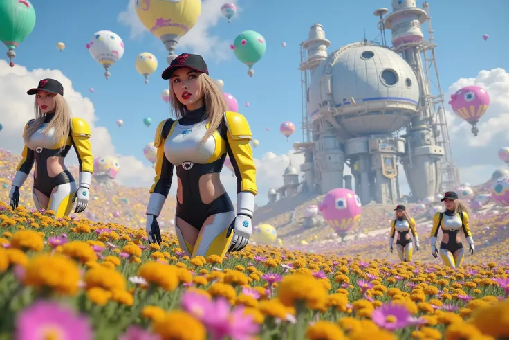 several cute androids (swh, age 20, robot joints, backlit eyes, bee themed sexy space suits, breasts covered), they are tending fields of flowers along with small robot bees. In the distance large construction mecha build a domed city for human colonists