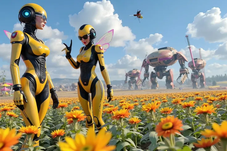 several cute androids (swh, age 20, robot joints, backlit eyes, bee themed sexy space suits, breasts covered), they are tending fields of flowers along with small robot bees. In the distance large construction mecha build a domed city for human colonists
