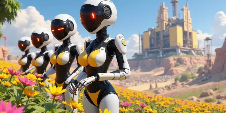 several cute androids (swh, age 20, robot joints, backlit eyes, bee themed sexy space suits, breasts covered), they are tending fields of flowers along with small robot bees. In the distance large construction mecha build a domed city for human colonists