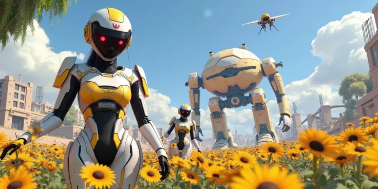 several cute androids (swh, age 20, robot joints, backlit eyes, bee themed sexy space suits, breasts covered), they are tending fields of flowers along with small robot bees. In the distance large construction mecha build a domed city for human colonists