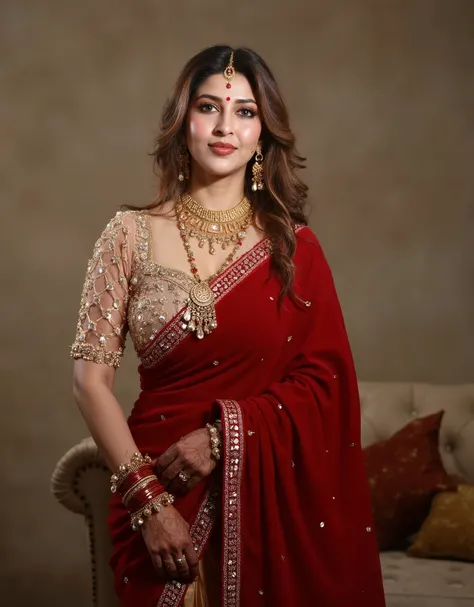 Generate a image of a woman in a maroon fully transparent sleeveless saree. The blouse is golden colour with mirror sequins. It has no sleeves and has a golden satin finish. The woman is giving a sexy, seductive and bold.