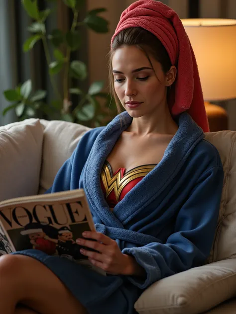 wonder woman, age 20, 44dd natural perky saggy breast, in blue and red and gold bathrobe with a towel wrapped around her hair relaxing on couch, natural expression, sitting comfortably, reading vogue magazine,casual day at home, interior living room scene,...