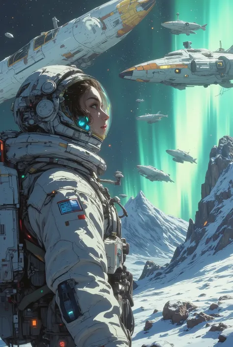 (Masterpiece,Highest quality,32k,Ultra-high resolution),lots of spaceship goes towards new earth in bg, 1 girl astronaut in space ship,ultra detailed,chromatic abbration, iridescent colors, aurora