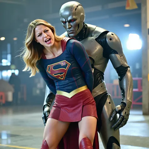 Melissa Benoist as Supergirl, (a very short skirt), both arms behind her back, she is locking by a green lighting locking devices, she is sexual assaulted from behind by Lex Luther the robot, embarrassment, ((painful face)), (Supergirl is crying in pain), ...