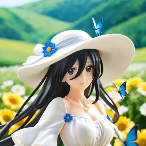 ager, age is 19,masterpiece, bang between eyes,amazing quality, sun hat,1girl, extremely long black hair, black eyes, shiny eyes, medium breasts, white dress, field, flowers, blue butterfly, looking at viewer,arms, upper body, Anime girl, Beautiful girl, s...