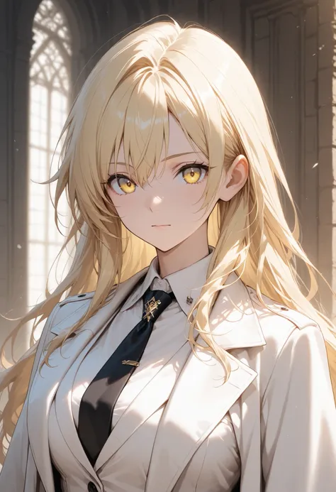 Beautiful, solo, long hair, blonde hair, yellow eyes, white shirt, black tie, white coat