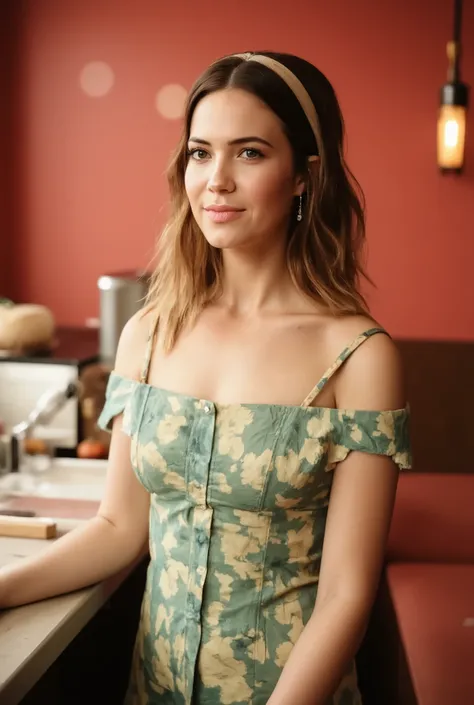 best quality, highres, 8k, masterpiece, photography, detailed midbody photorealistic portrait. Mandy Moore wears a cheerful mint-green vintage-style waitress dress with a white apron featuring red embroidered pie icons, accessorized with a red-and-white po...