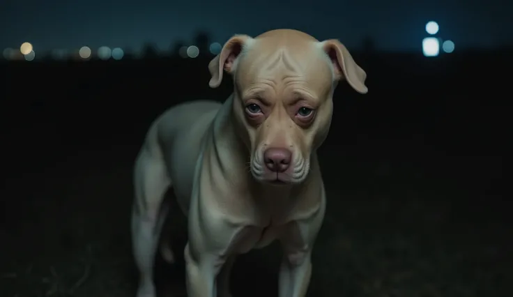A surreal and eerie creature with the face of a middle-aged man and the body of a dog. The man's face is bald on top with short hair on the sides, has thick eyebrows, tired eyes, a slightly wrinkled forehead, and a neutral but somewhat sad expression. His ...
