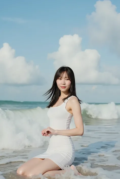 nsfw, soaking wet white dress dress, sitting in the surf on the edge of the waves, standing, flat chest, from below,  full body shot, Blue sky, white incoming clouds, wind blowing, waves splashing,