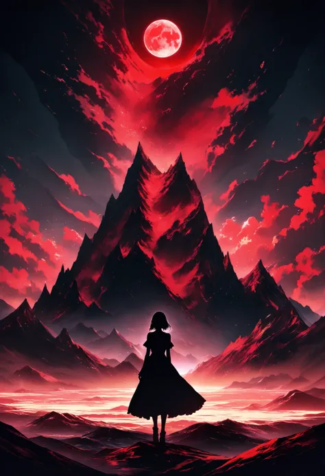 anime, Gothic theme, gothic style, dark, Only the Red Moon is all around, girl silhouette , with a glowing look, Crimson clouds, beautiful colors, Black gurgling resin sea, Bones lie on the ground, Huge mountain view, Masterpiece, 8k, best quality, high d...
