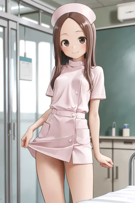 NSFW,masterpiece,of the best quality,high definition,very detailed,Takagi\(からかい上手のTakagi\),long hair、 Hair,clavicle,Forehead, Nurse,nurse clothes,miniskirt,schools,infirmary, bewitching smile