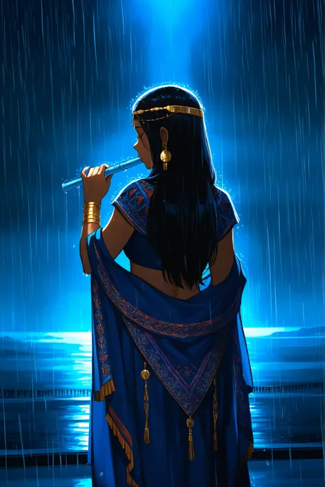 Beautiful Indian women with long hair, wears a saree, standing and seeing a sea, from her behind, holding a blue color flute in her one hand, A dark night, heavy Rain, Ancient Indian period. 8K Photo. cinematic view.