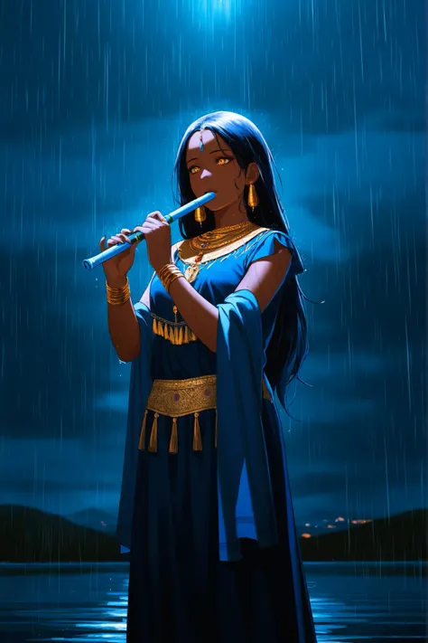Beautiful Indian women with long hair, wears a saree, standing and seeing a sea, holding a blue color flute in her one hand, A dark night, heavy Rain, Ancient Indian period. 8K Photo. cinematic view.