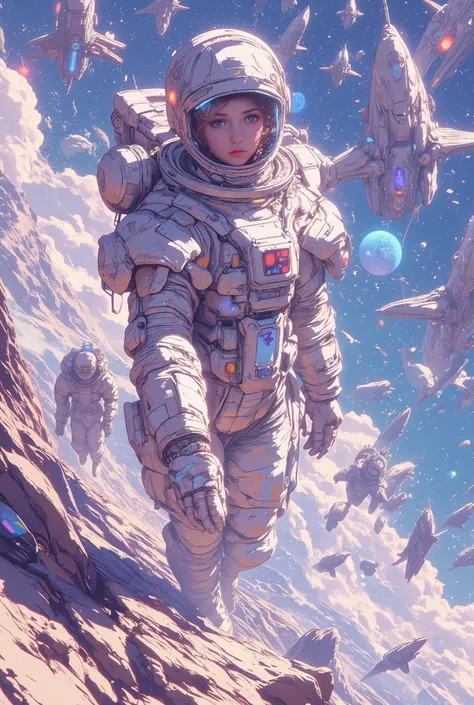(Masterpiece,Highest quality,32k,Ultra-high resolution),lots of spaceship goes towards new earth in bg, 1 girl astronaut in space ship,ultra detailed,chromatic abbration, iridescent colors, rainbow