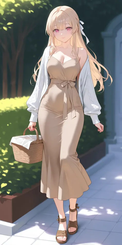 An extremely beautiful woman with blond pulled-back hair, extremely fair white natural skin, big pink eyes, red plump glossy round lips, a small waist, and a perfect slim yet curvy body. She's only wearing a light-brown dress with spaghetti straps, a white...