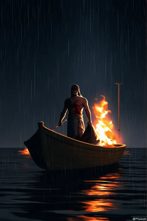 indian man, standing in a boat, holds a talwar, he wears dhoti, blood on his body, cuts on his body, A dark night, heavy Rain, at background a hut is burning, Ancient Indian period. 8K Photo. cinematic view.