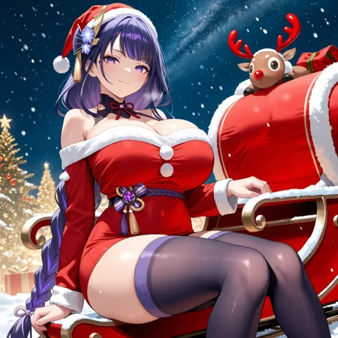 masterpiece, high quality, top quality, very aesthetic, absurd, raiden shogun, braid, headband bun, long hair, one mole, one mole under eye, purple eyes, purple hair, Santa Hat, santa costume, Off shoulder , Off-shoulder drees , pencil mini skirt, shiny bl...