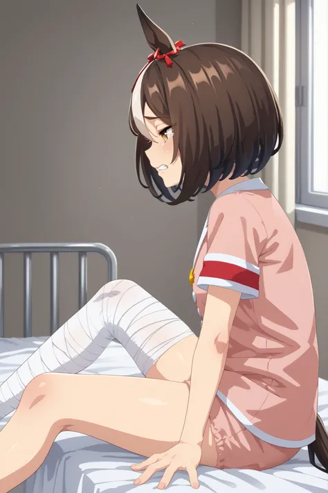 anime style,side view,Looking away,face focus,hospital,pajamas,sitting on the bed,bandaged leg,BLACK HAIR SHORT BOB,brown eyes,clenched teeth,umamusume,narrowed eyes,tearing up,digital art