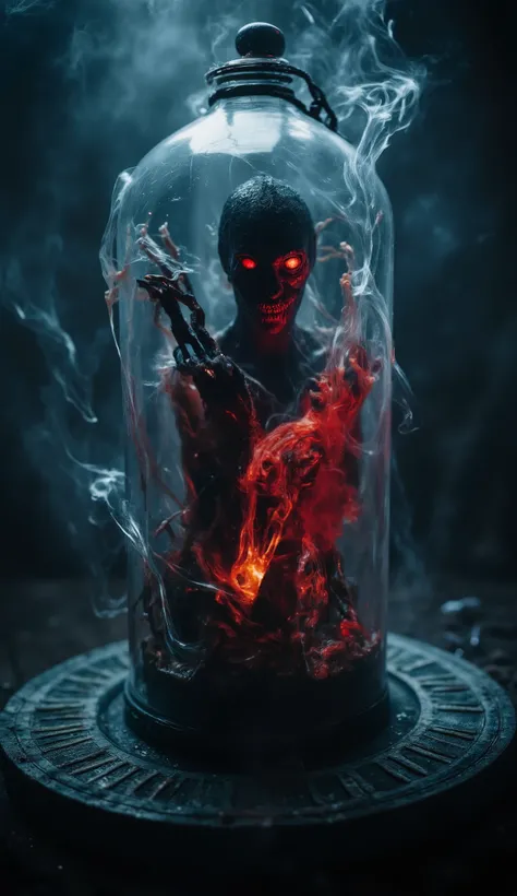 (best quality, 128k,highres,masterpiece:1.2),ultra-detailed,(realistic,photorealistic,photo-realistic:1.37), ((masterpiece)) ((photography)) ((Highest quality)) A terrifying, eerie dark fantasy illustration of a demonic genie trapped inside a transparent m...