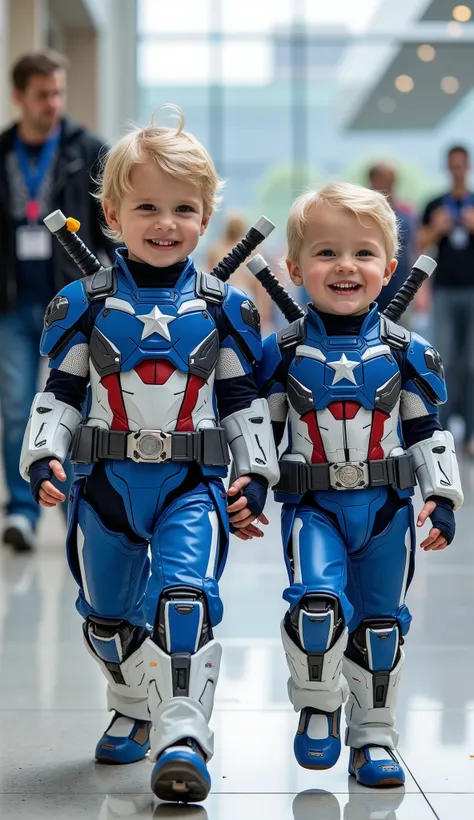 character: 1 baby boy and 1 baby girl. They Blonde hair With open chest.
action: Walk straight and look straight ahead.
Expression : smiling.
Costume : they Wearing futuristik blue captain america with white Gundam armor. Each of them has two katana s...