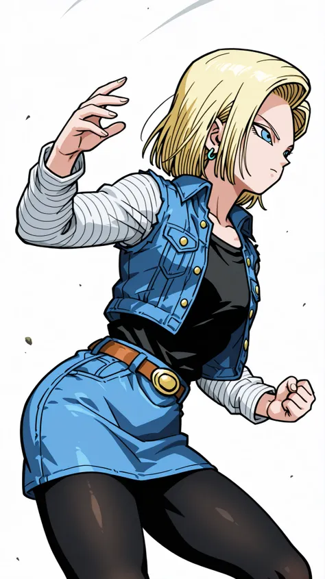 from below,Sneak Peek Angle.,1 girl ,small face, , alone,cowboy shot, fighting posture. Action, fighting, bending forward,Mature woman. Collarbone. . Collarbone.,from side,from below,,android 18, short hair, blue eyes, blonde hair,female Saiyan、,skirt,,jew...