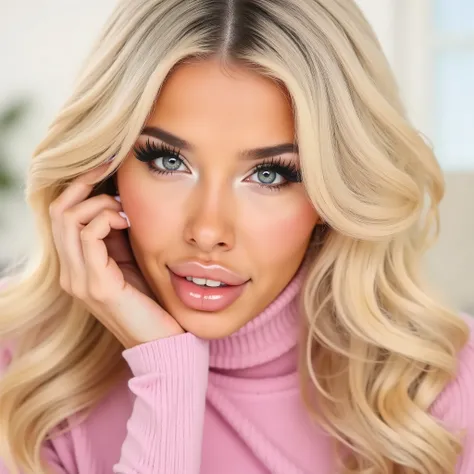 close up portrait of woman, blonde hair, blue eyes, pink turtleneck sweater, little make up, neutral studio background