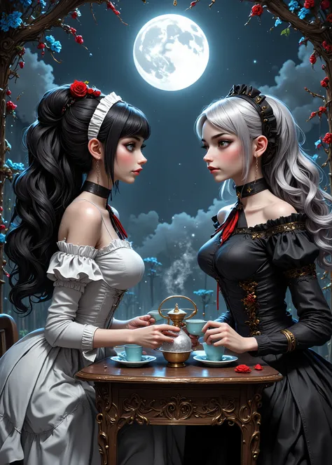 ( masterpiece,of the best quality:1.2),Japanese Washi Paper Painting \( Japanese Washi Paper Painting ), Two Slender Girls Talking , staring at each other ,1 girl \(black hair, hair up , white maid headband , hair accessories in the shape of one red rose ,...