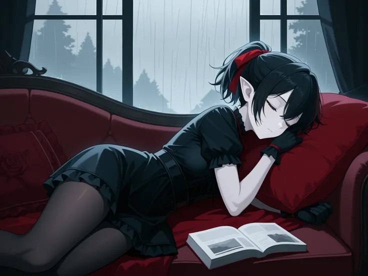masterpiece, best quality, very aesthetic, solo, female focus, from side, 1girl, closed mouth, beautiful face, vampire, closed eyes, detailed eyes, black hair, short hair, ponytail, hair ribbon, red ribbon, (lolita fashion), black dress, short dress, short...