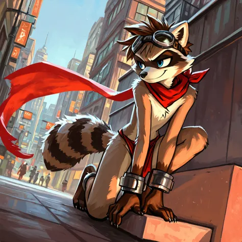 no lighting , deep shadow , dynamic angle , male , Furry , raccoon , spiked brown hair only on head , red scarf , blue eyes , goggles , red loincloth , red cape , masterpiece , detail body , fur all over body , detailed face , detailed eyes , detailed hand...