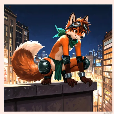 no lighting deep shadow, masterpiece, high quality, hi res, solo, Furry, red fox, spiked brown hair only on head, collar, brown eyes, goggles, green loincloth, green scarf, elbow pads, knee pads, masterpiece, No muscles, Detailed hands, detailed face, deta...